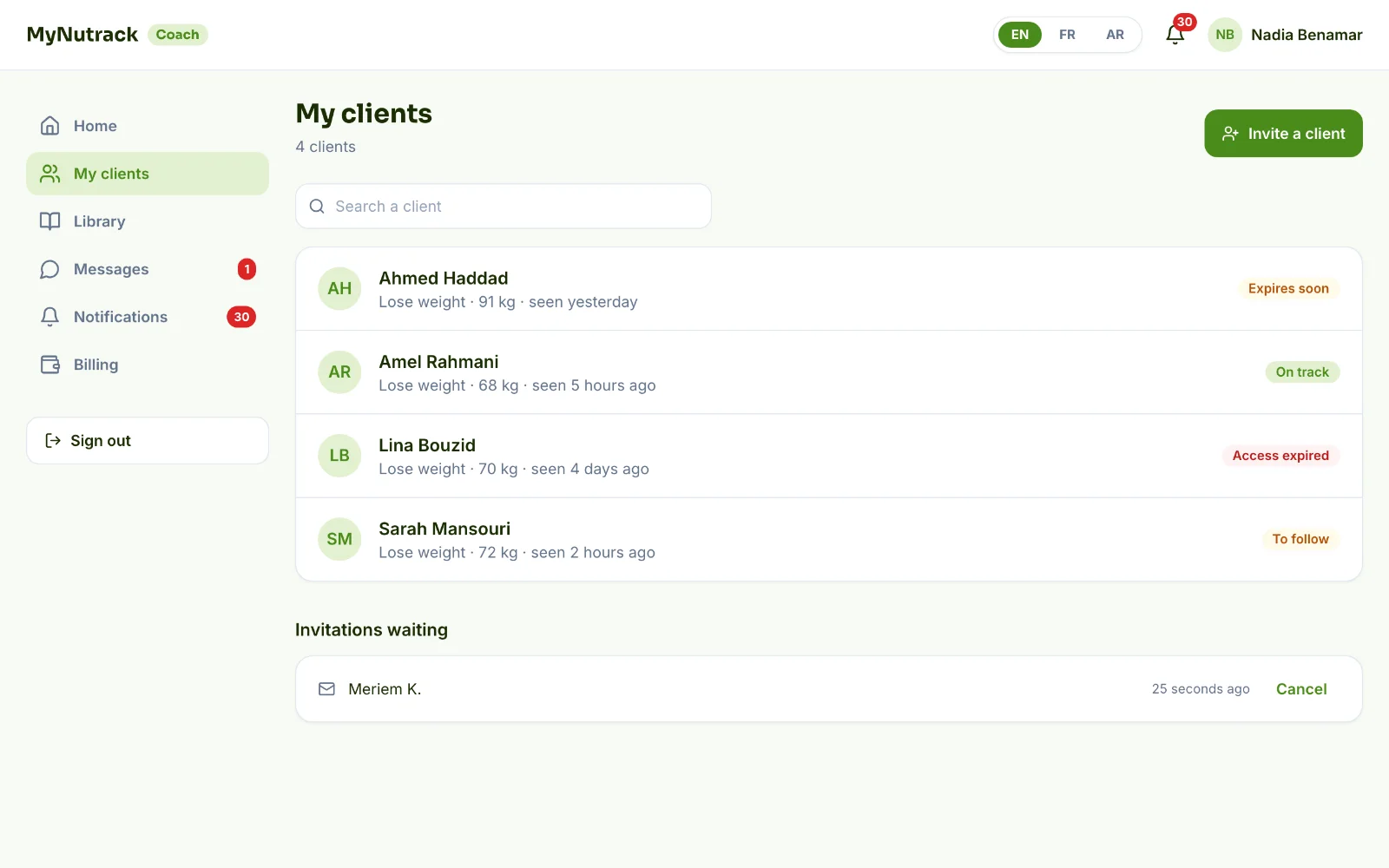 Screenshot — From MyNutrack account to active client