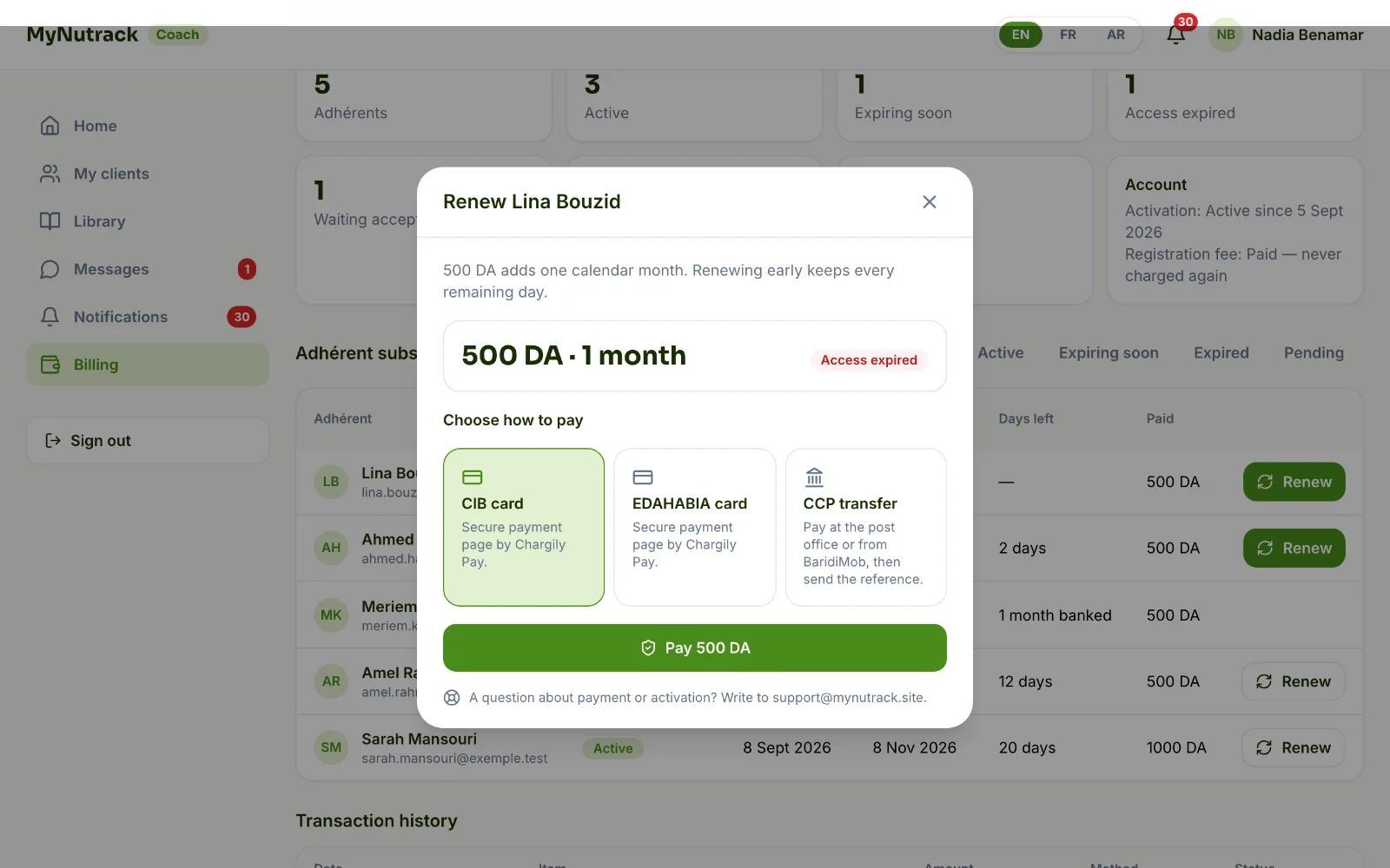 Screenshot — Renew a subscription